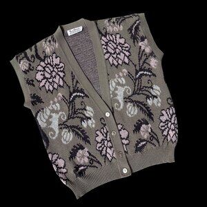 Vintage Floral Knit Sweater Vest USA Nan Dorsey 1980s Pink Black Beige Retro